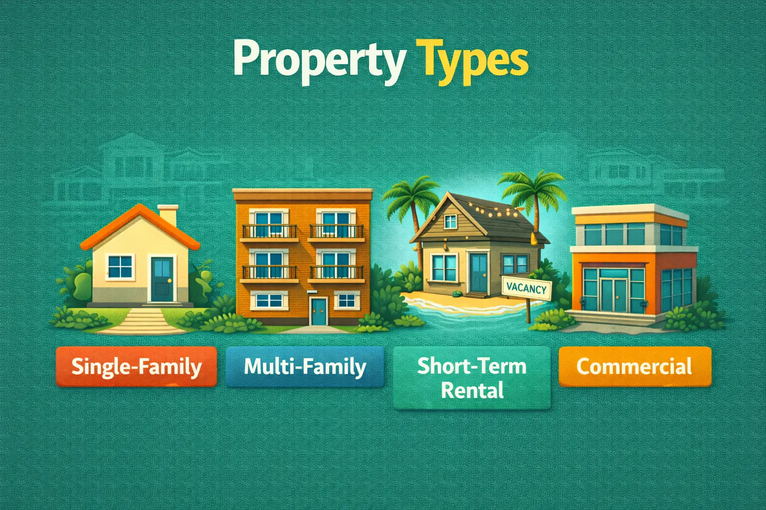 Illustration of property types: single-family home, multi-family apartment, short-term rental beach house, and commercial building.