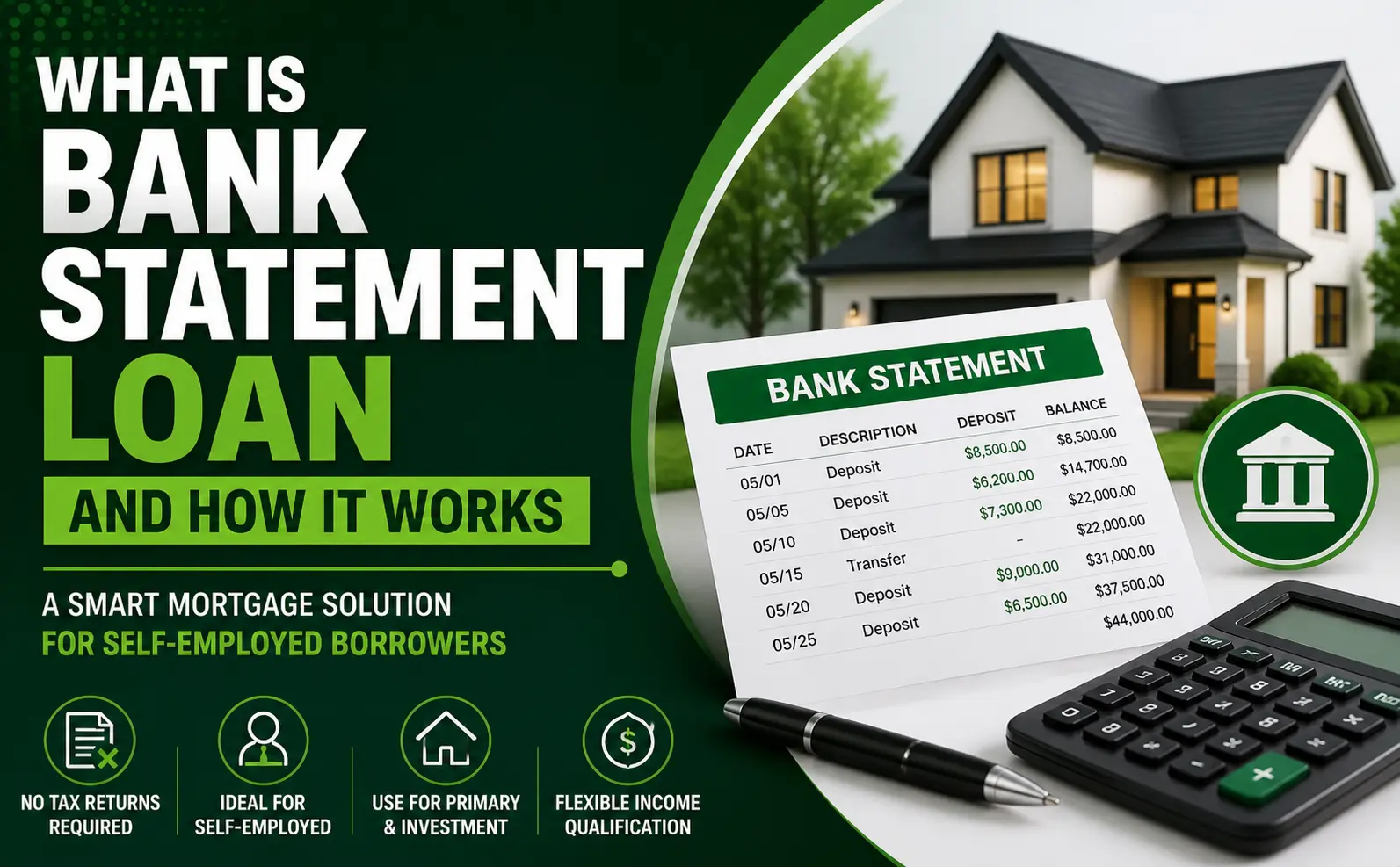 Text on green background reads What is a bank statement loan and how does it work with a house, bank statement, calculator, and pen.