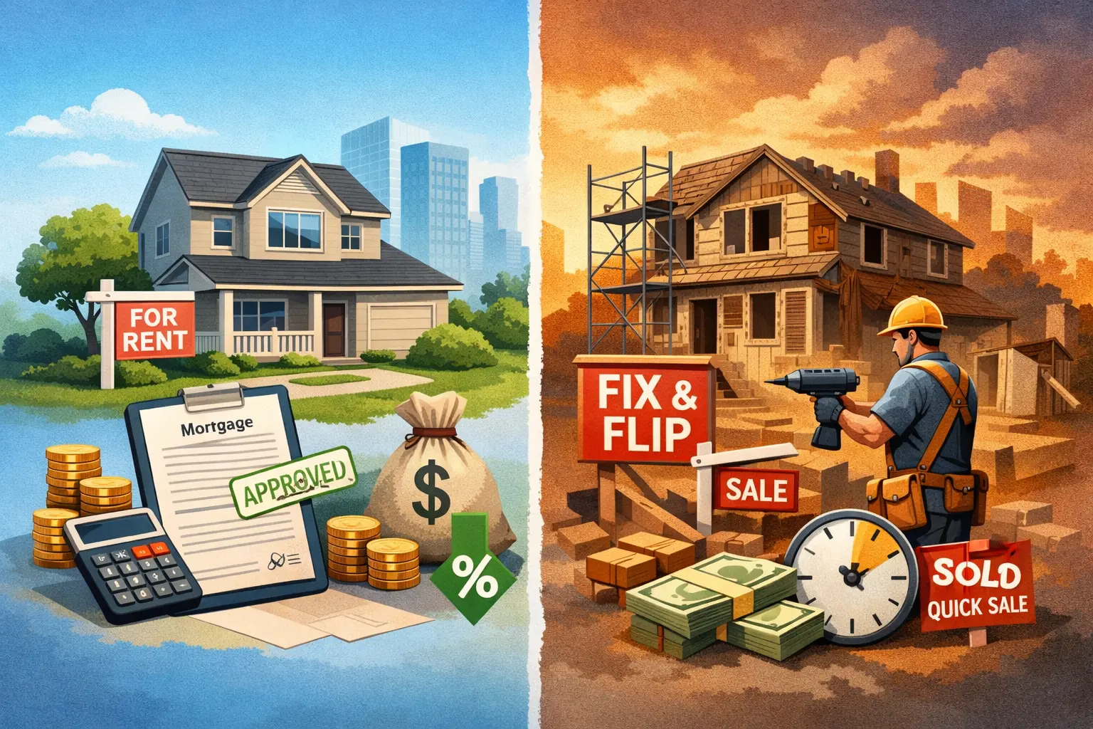 Split image showing a new house for rent with mortgage approved and a worker fixing an old house for quick sale and flip profit.