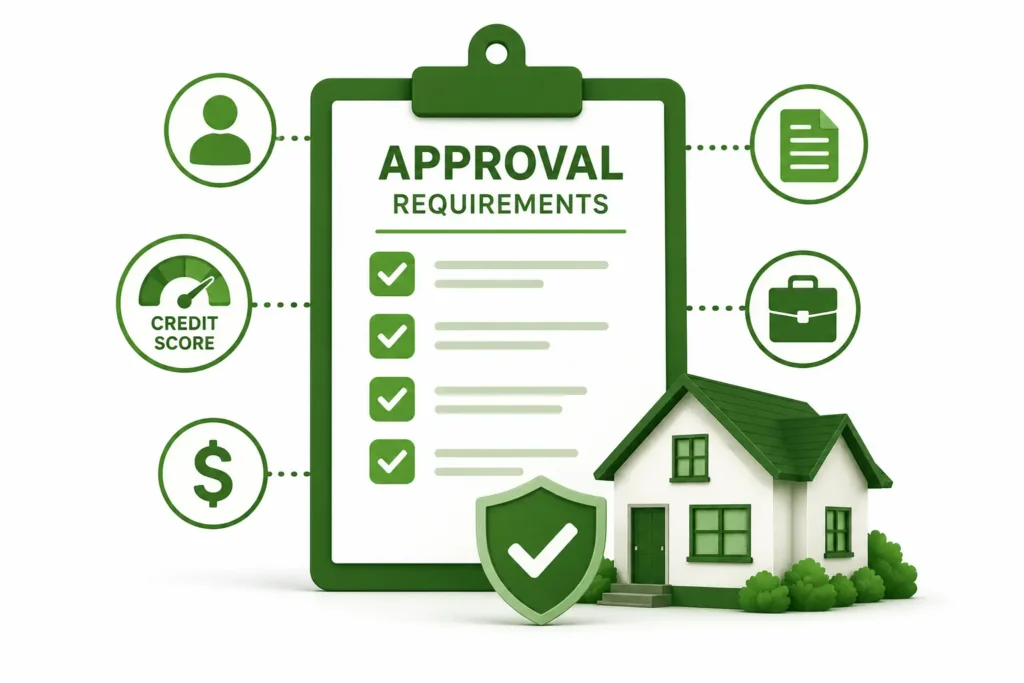 Clipboard with approval requirements checklist next to a house and icons for credit score, income, documents, and employment.