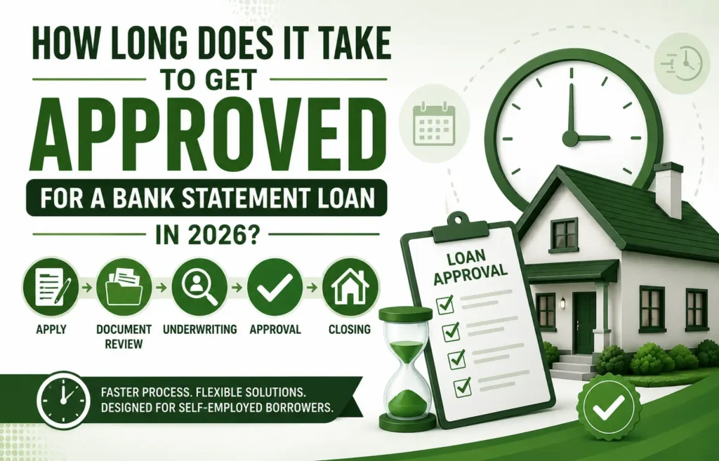 Infographic showing steps to get approved for a bank statement loan in 2026: apply, document review, underwriting, approval, closing, with a house and clock.