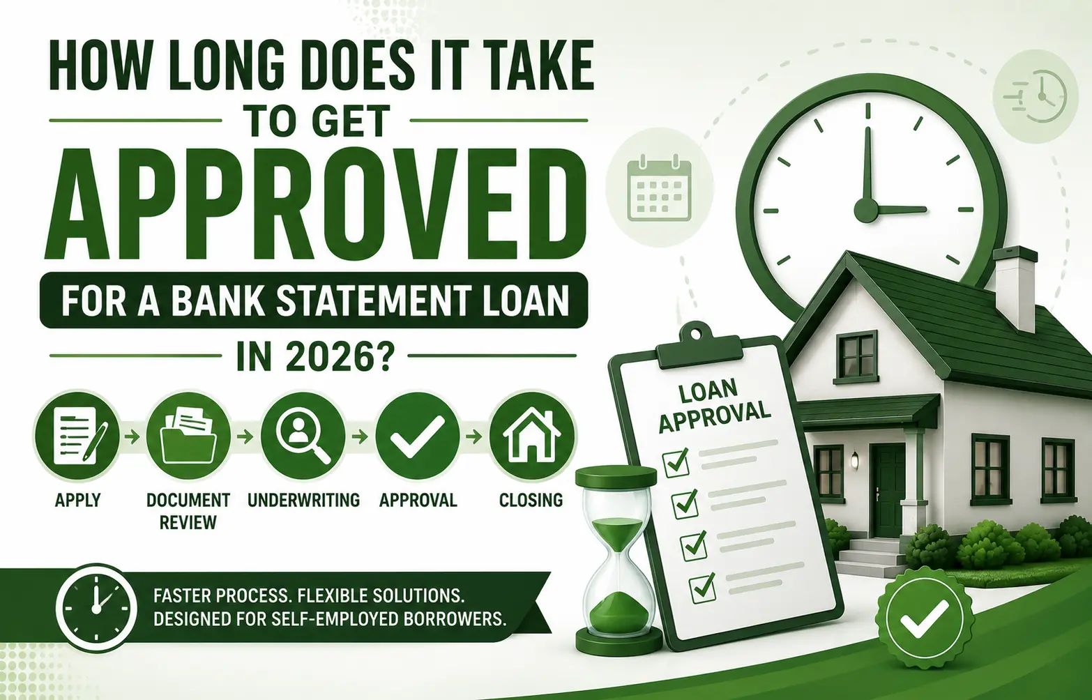Infographic showing steps to get approved for a bank statement loan in 2026: apply, document review, underwriting, approval, closing, with a house and clock.