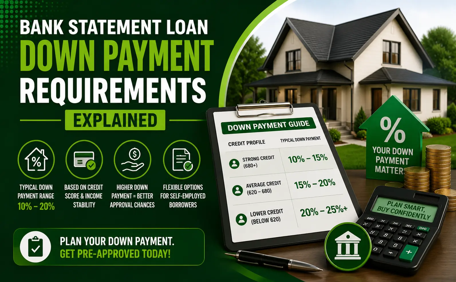 Infographic explaining bank statement loan down payment requirements, credit profiles, and typical down payment ranges with a house and calculator image.