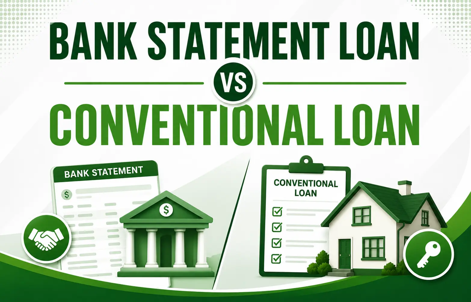 Comparison of bank statement loans versus conventional loans with icons of bank, house, handshake, and key.