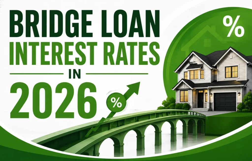 Graphic showing bridge loan interest rates rising in 2026, with a house and increasing percentage symbols.