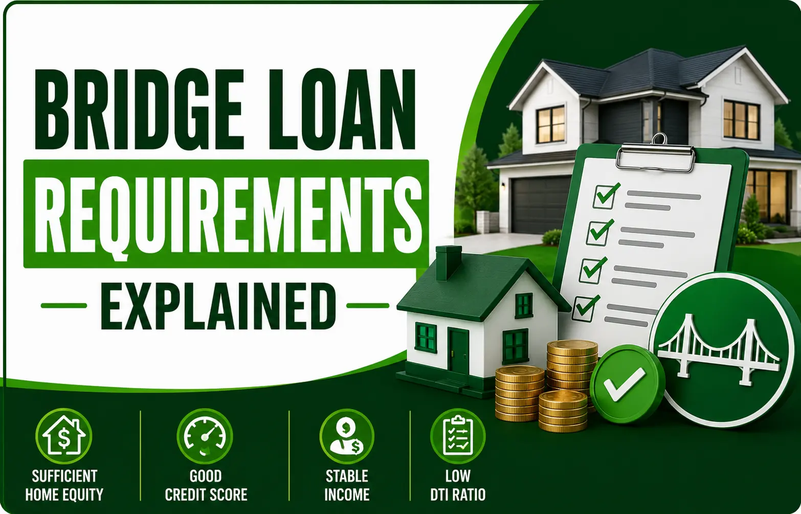 Graphic titled "Bridge Loan Requirements Explained" with icons for home equity, credit score, income, and DTI ratio, plus house and checklist visuals.