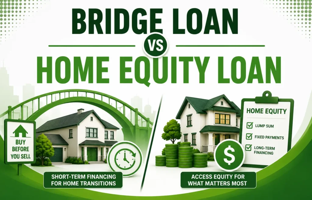 Comparison of Bridge Loan and Home Equity Loan with visuals of houses, money, and key features like short-term financing vs long-term financing.