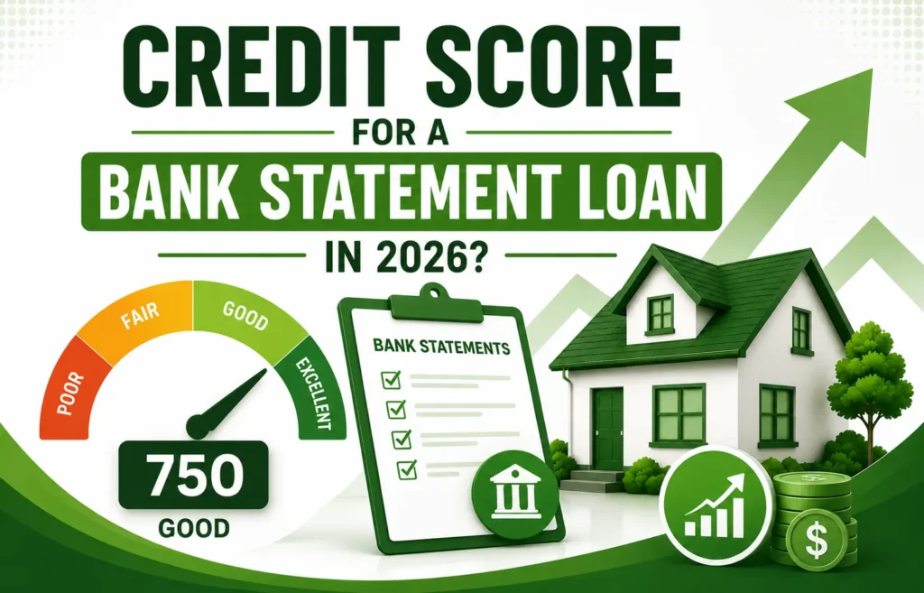 Credit score gauge showing 750 good for bank statement loan in 2026 with house, bank statements checklist, and upward graph arrow.