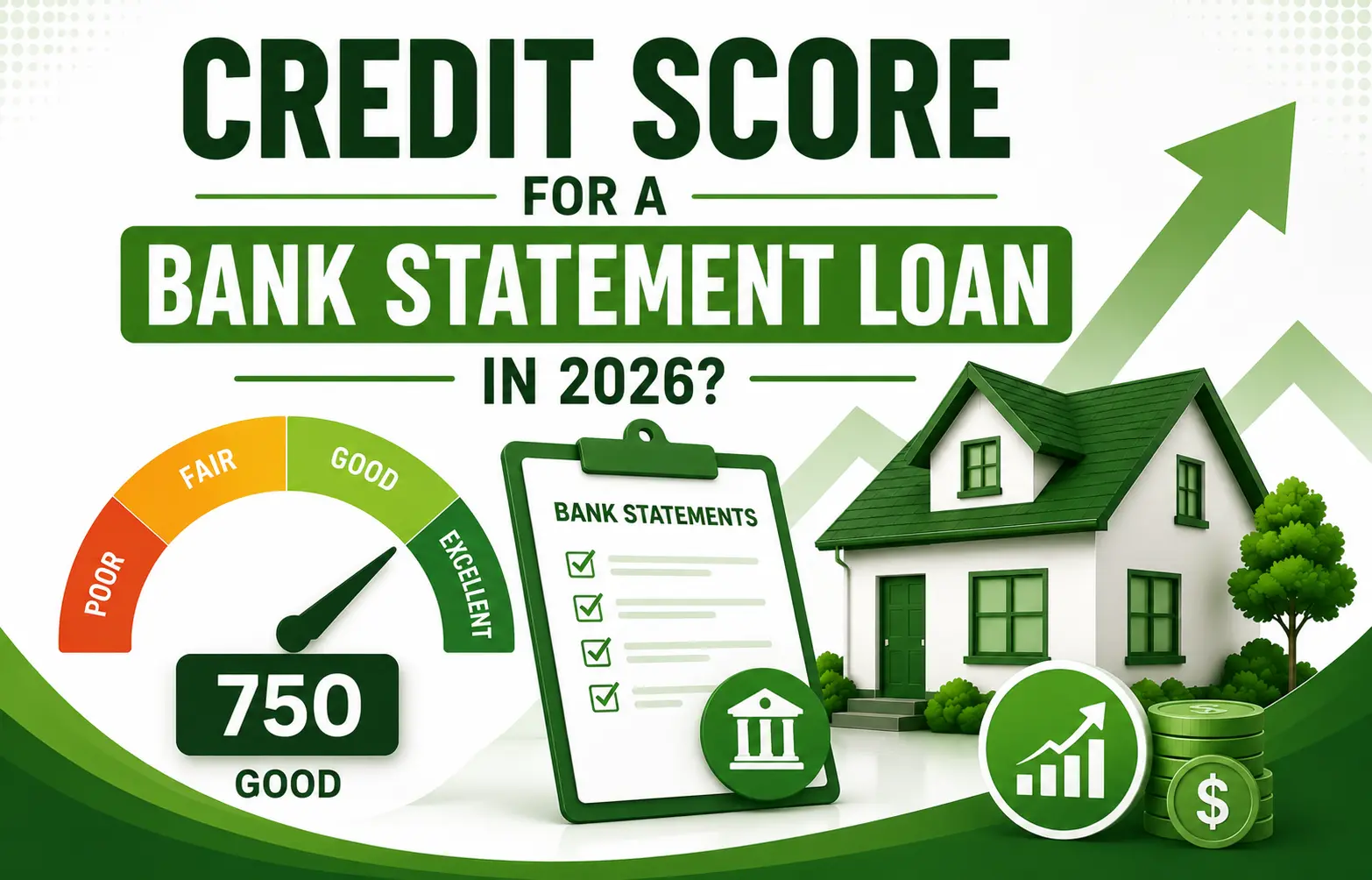 Credit score gauge showing 750 good for bank statement loan in 2026 with house, bank statements checklist, and upward graph arrow.