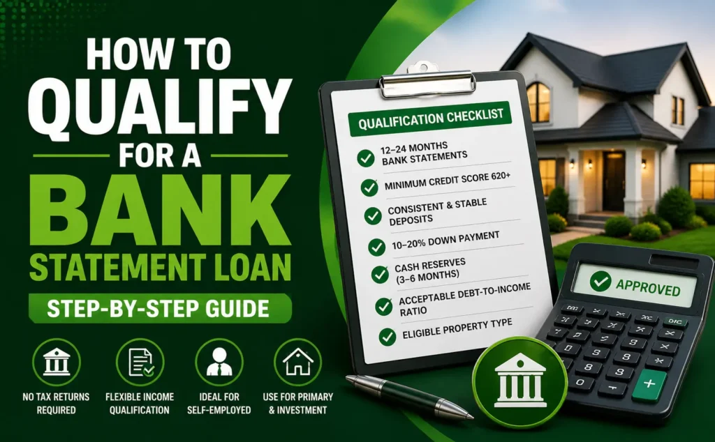 Step-by-step guide on qualifying for a bank statement loan with checklist, approved calculator, pen, and house in the background.
