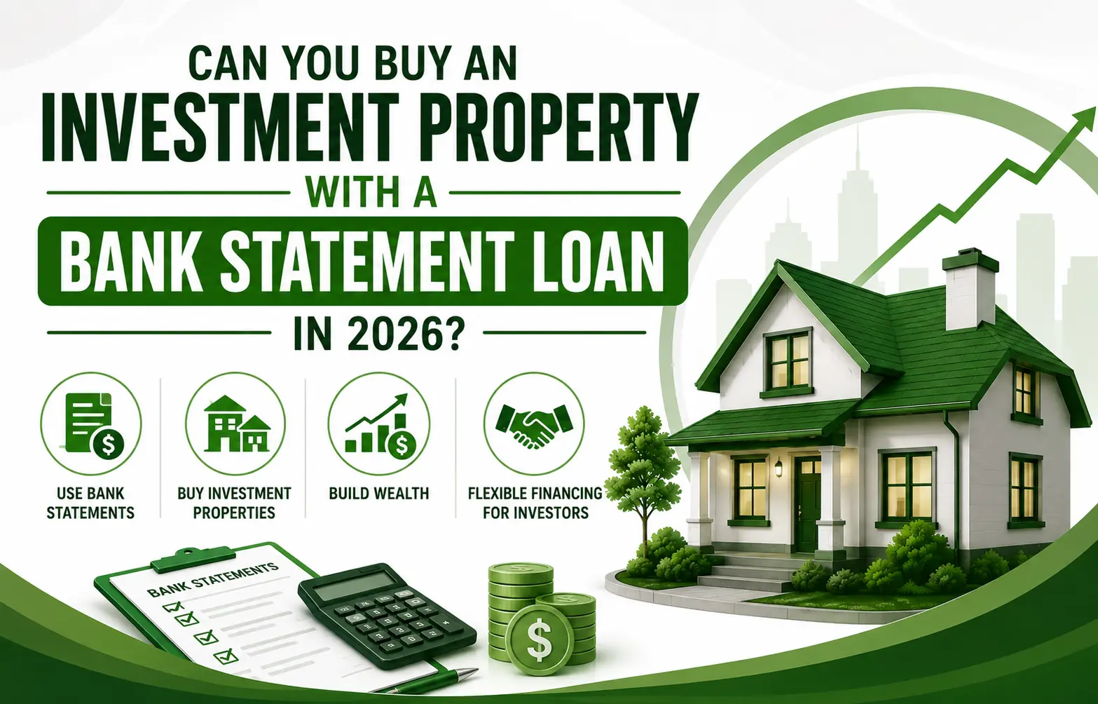 Graphic asking if you can buy investment property with a bank statement loan in 2026, showing benefits and a green-roof house illustration.