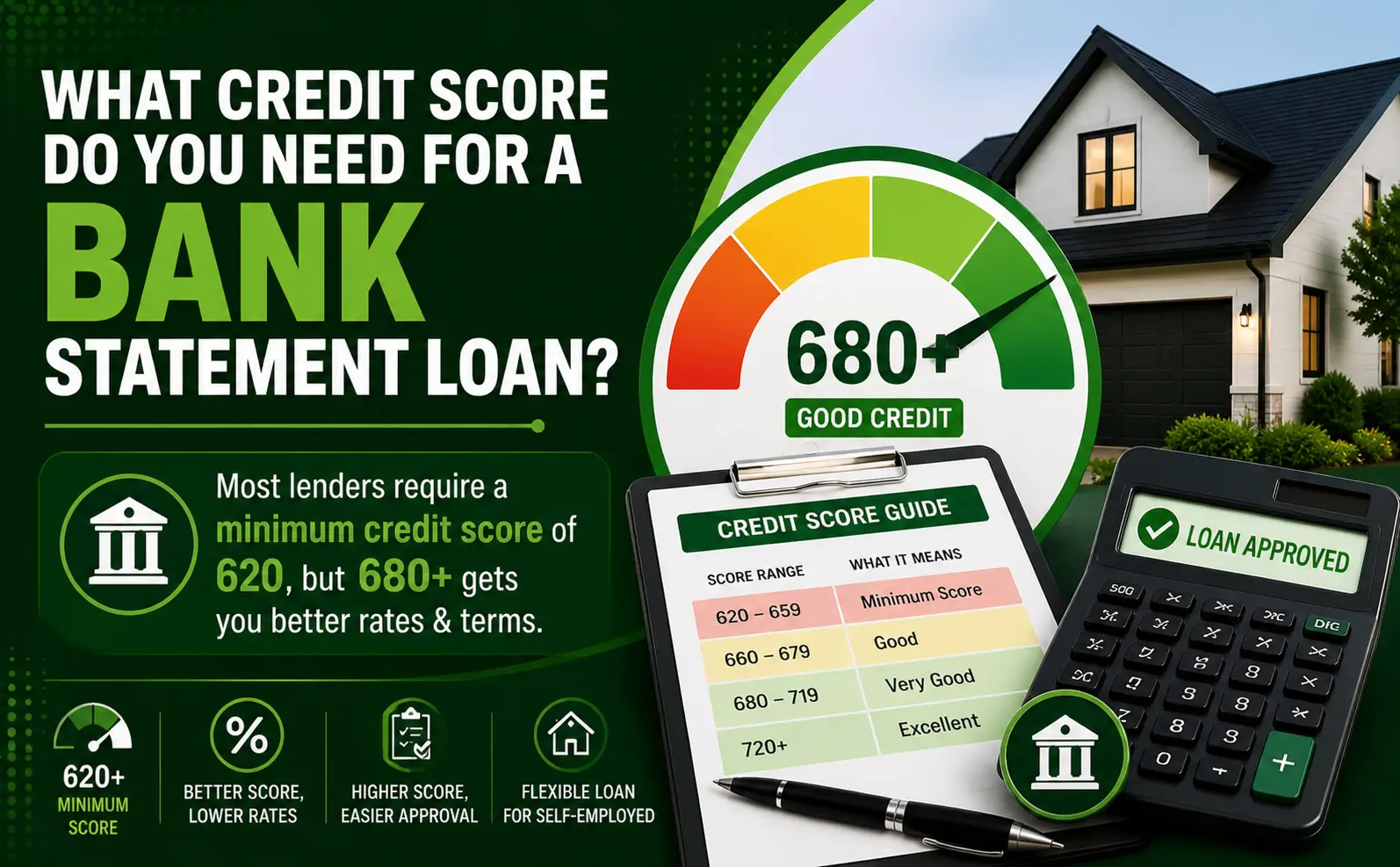 Infographic showing credit score requirements for bank statement loans, highlighting 620 minimum and 680+ for better rates and approval.