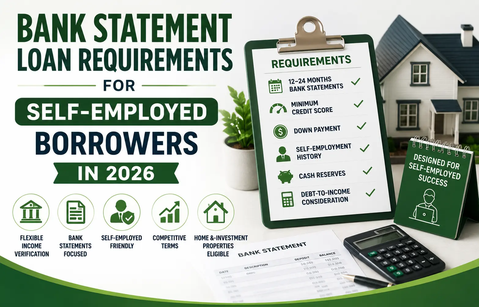 Bank statement loan requirements for self-employed borrowers in 2026, including income verification, credit score, down payment, and cash reserves.