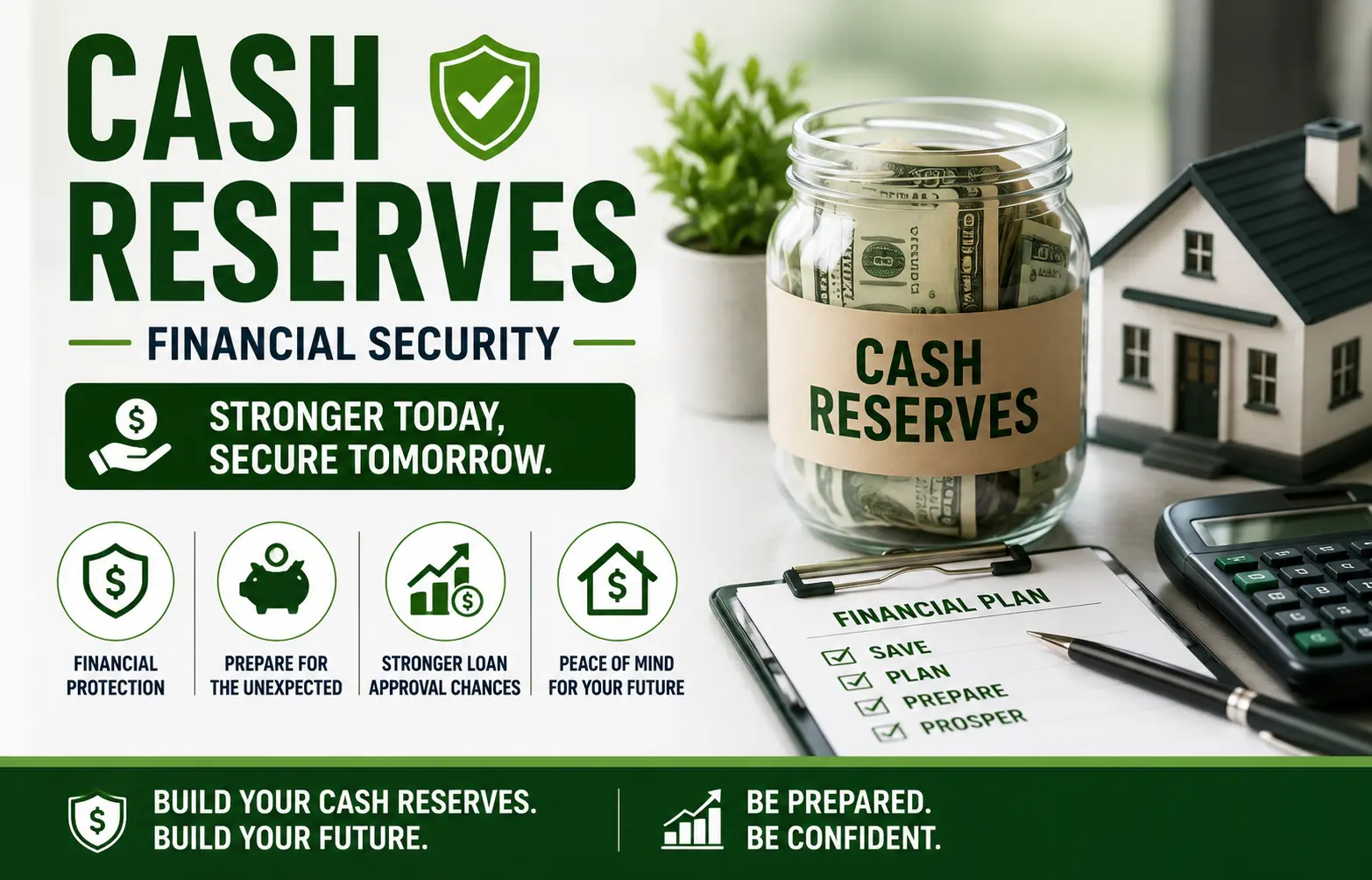 Jar labeled "Cash Reserves" filled with money, a house model, calculator, and a financial plan checklist promoting financial security and preparedness.