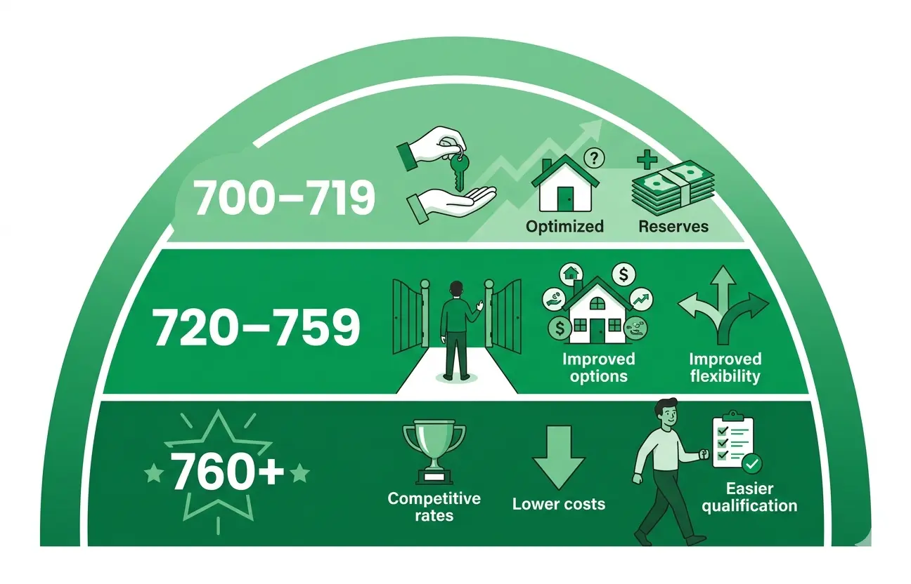 Credit score tiers 700-719, 720-759, and 760+ showing key benefits like optimized reserves, improved options, and lower costs.