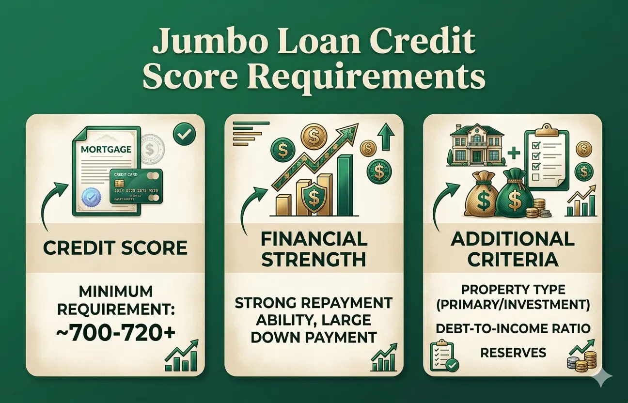 Jumbo loan credit score requirements include minimum score of 700-720+, strong repayment ability with large down payment, and additional criteria like property type and reserves.