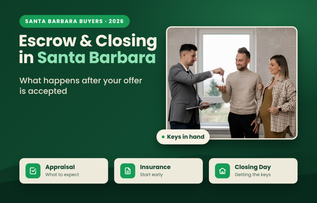 A real estate agent hands house keys to a smiling couple. Escrow and closing in Santa Barbara: what happens after your offer is accepted.