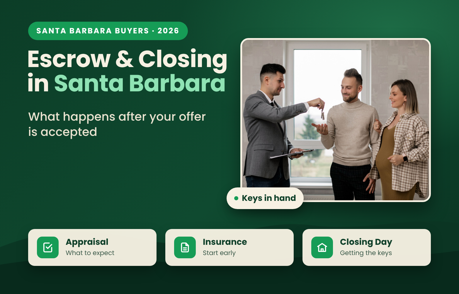 A real estate agent hands house keys to a smiling couple. Escrow and closing in Santa Barbara: what happens after your offer is accepted.